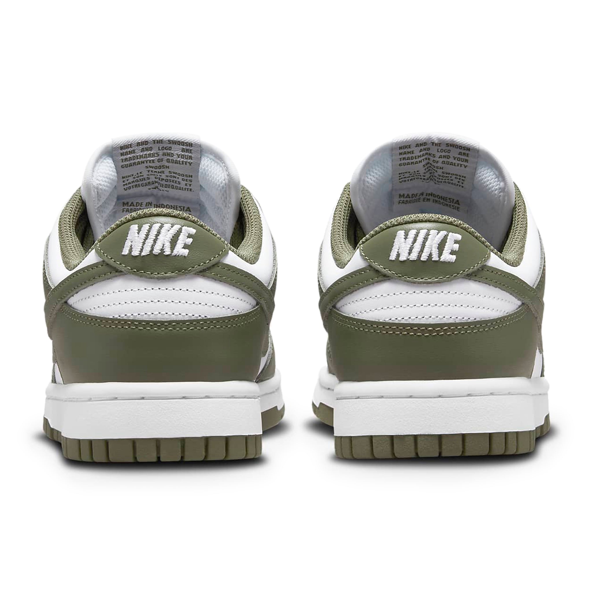 Heel view of Nike Dunk Low Medium Olive (W) DD1503-120